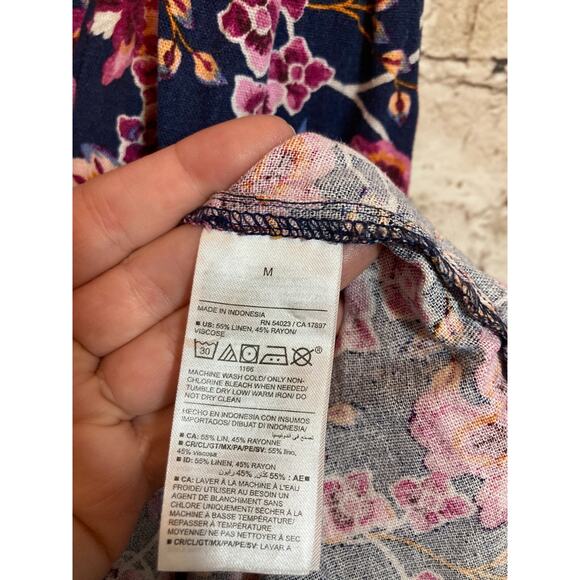 Old Navy Linen Midi Dress Womens Medium Navy & Purple Floral Babydoll Tiered - Picture 15 of 15